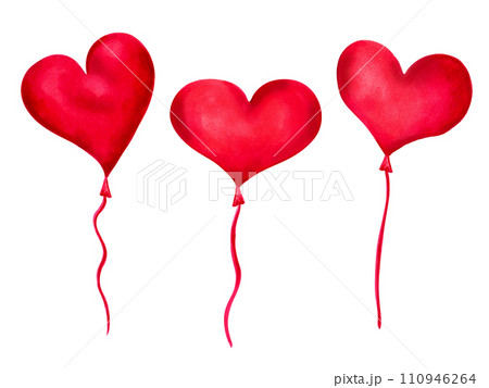 Heart shaped balloons for Valentine's Day and Mother's Day. Illustration with watercolor and marker. Decoration element for birthday, anniversary, surprise sign. Handmade art. 110946264