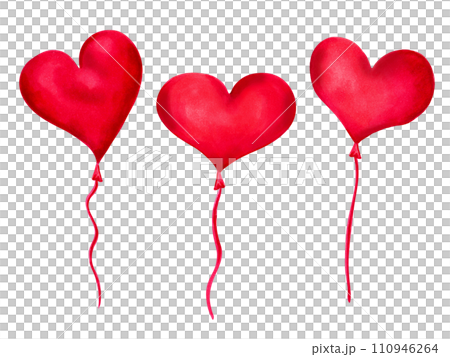 Heart shaped balloons for Valentine's Day and Mother's Day. Illustration with watercolor and marker. Decoration element for birthday, anniversary, surprise sign. Handmade art. 110946264