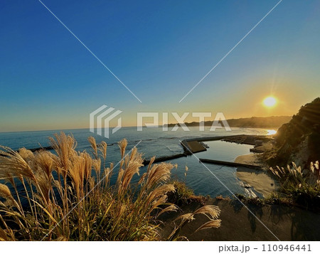 海に沈む夕日とススキ 「塩屋岬」 110946441