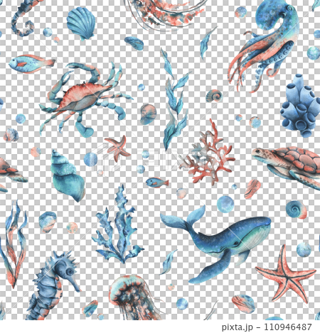 Underwater world clipart with sea animals whale, turtle, octopus, seahorse, starfish, shells, coral and algae. Hand drawn watercolor illustration. Seamless pattern on a white background. Underwater world clipart with sea animals whale, turtle, octopus, seahorse, starfish, shells, coral and algae. Hand drawn watercolor illustration. Seamless pattern on a white background. 110946487