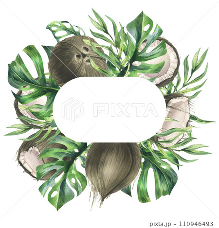 Coconuts whole, halves and pieces with bright, green, tropical palm leaves. Hand drawn watercolor illustration. Wreath, frame, template isolated from the background. 110946493