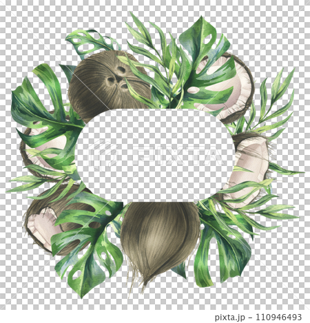 Coconuts whole, halves and pieces with bright, green, tropical palm leaves. Hand drawn watercolor illustration. Wreath, frame, template isolated from the background. 110946493