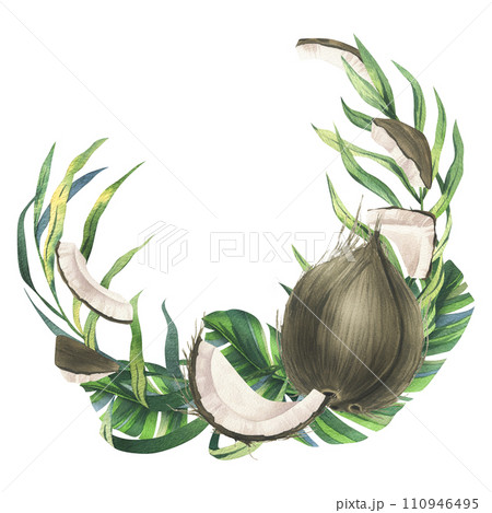 Coconuts whole, halves and pieces with bright, green, tropical palm leaves. Hand drawn watercolor illustration. Wreath, frame, template isolated from the background. 110946495