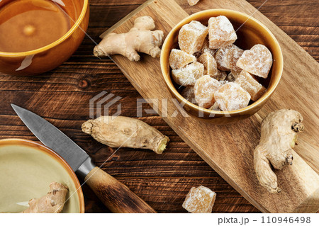 Sugared candied ginger. Sugared candied ginger. 110946498