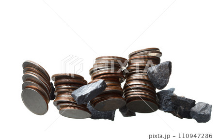 Business growth with high profit success from financial investment. Coin Stack explosion in air with silver nugget represent happy money. White background isolated 110947286