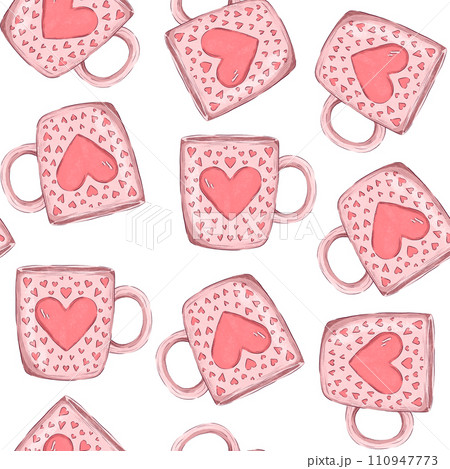 Hearts Mug Illustration Hand Drawn Seamless Pattern	 110947773