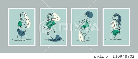Woman posters. Simple minimalistic card, one line girls in different poses, body positive, sexy beautiful female characters. Lingerie and swimsuits. Nude figures, contour silhouettes. Vector set 110948502