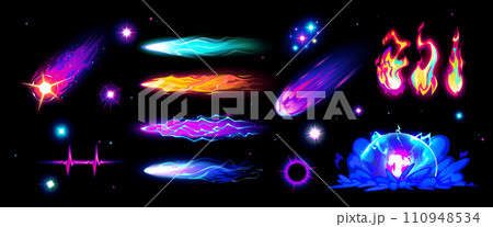 Speed effect. Magic cartoon VFX. Comic line blaster shot. Bomb boom smoke. Flash lightning motion. Energy animation. Game spell light. Fire flame. Purple and green laser. Fantasy elements vector set 110948534