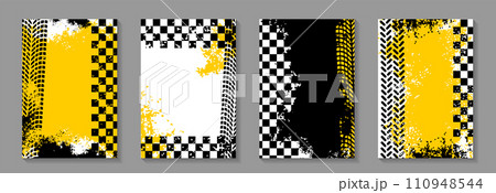 Race car track. Flag sport racing. Road checker frame. Rally speed drive. Formula competition finish stripe. Auto tire wheel print. Tyre drift. Street dirt. Grunge banners set. Vector tidy backgrounds 110948544