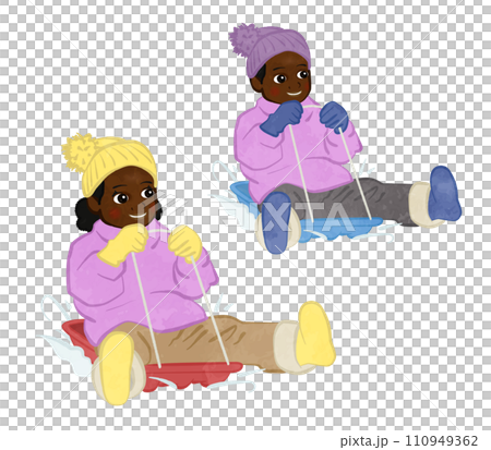 可愛的男孩和女孩玩雪橇的插圖集 02 可愛的男孩和女孩玩雪橇的插圖集 02 110949362