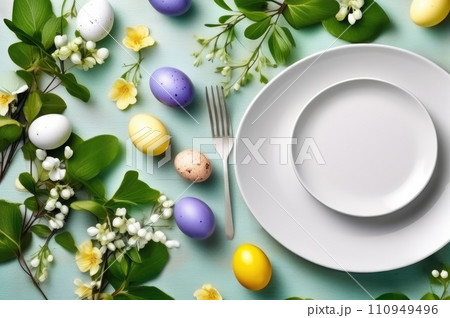 Easter Dining Setting with Floral Decor and Eggs 110949496