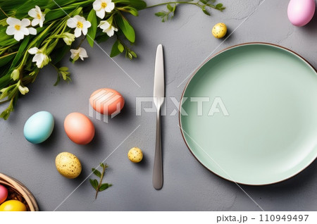 Easter Dining Setting with Floral Decor and Eggs 110949497