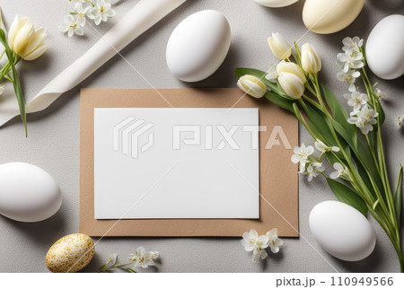 Neutral Easter Card Mockup with Spring Flowers and Eggs 110949566
