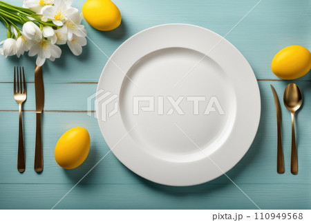 Elegant Easter Table Setting with Flowers and Eggs 110949568