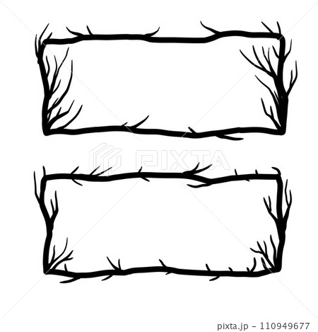 Tree frame, floral horizontal border. Plant and twig decoration isolated on white background. Black outline silhouette. Decorative vintage scary element. Dark forest concept. Tree frame, floral horizontal border. Plant and twig decoration isolated on white background. Black outline silhouette. Decorative vintage scary element. Dark forest concept. 110949677