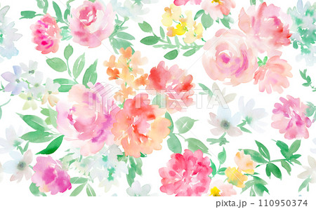 水彩で描いたカーネーションとバラのシームレスパターン 110950374
