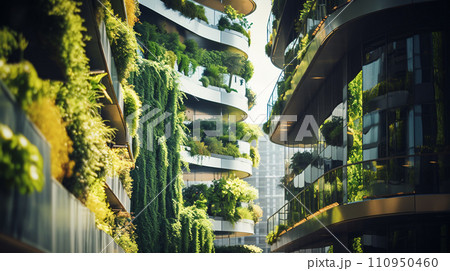 Sustainable green building. Eco-friendly building. Sustainable glass building with vertical garden reducing carbon dioxide. Green architecture. Green environment. Sustainable lifestyle. Generative AI. Sustainable green building. Eco-friendly building. Sustainable glass building with vertical garden reducing carbon dioxide. Green architecture. Green environment. Sustainable lifestyle. Generative AI. 110950460