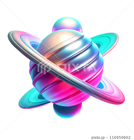 AI-generated content. Abstract retro futuristic cyberpunk glowing 3d rainbow neon holographic shape . Blue purple pink retrowave poster element, interlaced, digital distorted glitch effect. 110950602