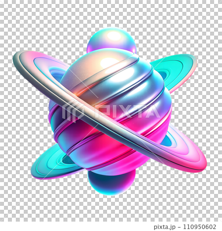 AI-generated content. Abstract retro futuristic cyberpunk glowing 3d rainbow neon holographic shape . Blue purple pink retrowave poster element, interlaced, digital distorted glitch effect. 110950602