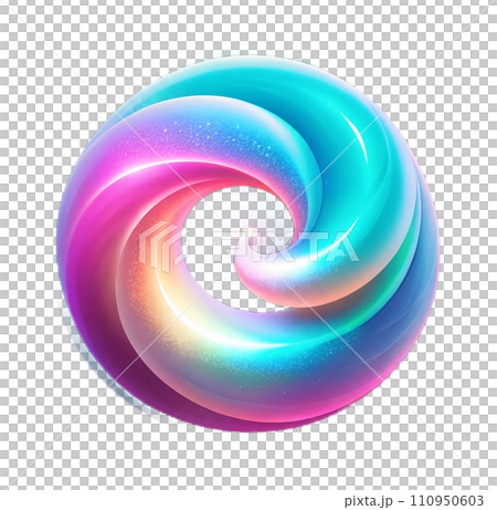 AI-generated content. Liquid 3d render multicolor rainbow holographic swirl ring sphere brush stoke isolated on white. Artistic abstract iridescent unicorn pink paint illustration. 110950603
