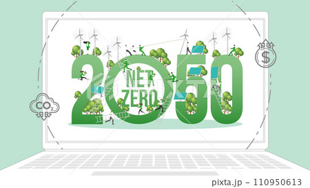 ESG business policy in laptop. Carbon credit calculate from reduce carbon footprint and carbon dioxide to net zero goal in 2050. 110950613