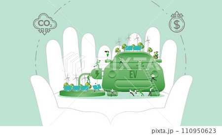 ESG policy Electric Vehicle in hands. Carbon credit calculate from reduce carbon footprint and carbon dioxide to Net Zero Goal in 2050. ESG policy Electric Vehicle in hands. Carbon credit calculate from reduce carbon footprint and carbon dioxide to Net Zero Goal in 2050. 110950623