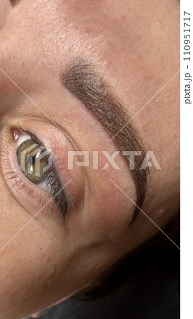 Close up view of beautiful brown female eye. Perfect trendy eyebrow. Good vision, contact lenses, brow bar or fashion eyebrow makeup concept Close up view of beautiful brown female eye. Perfect trendy eyebrow. Good vision, contact lenses, brow bar or fashion eyebrow makeup concept 110951717