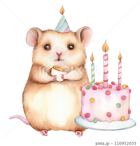 cute watercolor hamster with birthday cake isolated 110952035