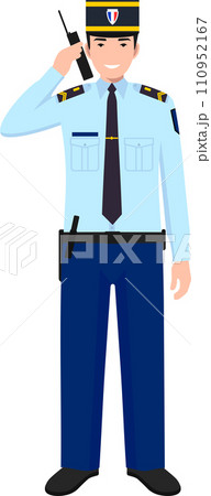 Standing French Policeman Gendarme with Walkie-Talkie in Traditional Uniform Character Icon in Flat Style. Vector Illustration 110952167