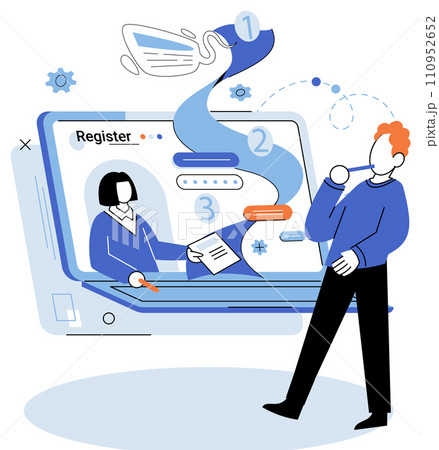 Registration online. Vector illustration. Online registration is common method for joining various networks and communities Authorization processes verify identity and permissions online registration Registration online. Vector illustration. Online registration is common method for joining various networks and communities Authorization processes verify identity and permissions online registration 110952652