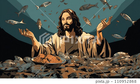 AI-generated content. Jesus preaches during his dinner 110952868