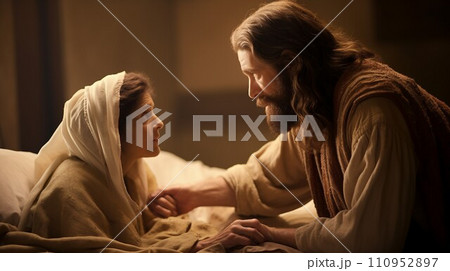 AI-generated content. Jesus saving a young woman from illness 110952897
