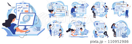 Financial audit vector illustration. Audit processes include systematic document inspection, safeguarding data integrity Statistics inform corporate decision-making procedures, driving innovation 110952986