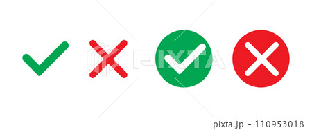 Green check mark, red cross mark icon set. Isolated tick symbols, checklist signs, approval badge. Flat and modern checkmark design, vector illustration. 110953018