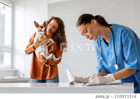Veterinarian writing prescription, owner with dog Veterinarian writing prescription, owner with dog 110953314