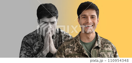 Depression Concept. Young male soldier in uniform displaying mixed emotions Depression Concept. Young male soldier in uniform displaying mixed emotions 110954348