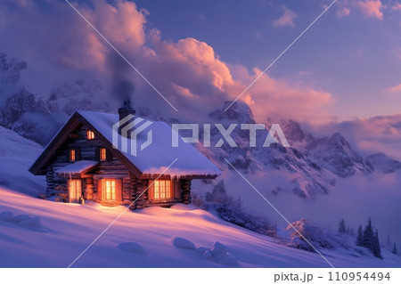 A cozy mountain cabin at dusk, surrounded by snow, with warm light glowing from windows and smoke rising from the chimney A cozy mountain cabin at dusk, surrounded by snow, with warm light glowing from windows and smoke rising from the chimney 110954494