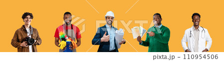Careers Concept. Various men in their work uniforms posing against colorful background 110954506