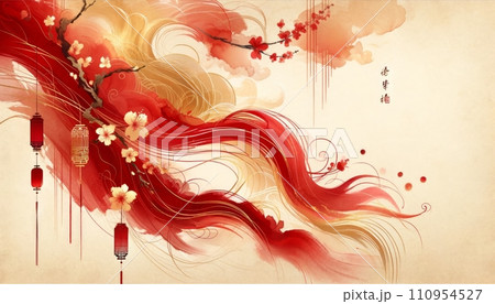 A watercolor-inspired abstract background with flowing red and gold strokes, evoking the feel of traditional Chinese art, embellished with faint outlines of cherry blossoms and lanterns. 110954527