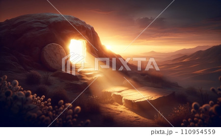 Empty tomb with the stone rolled away at dawn, symbolizing Jesus' resurrection, set against the backdrop of a beautiful sunrise. 110954559
