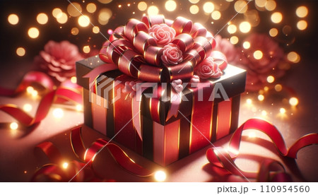 A close-up of a beautifully wrapped Valentine's Day gift box, adorned with red and pink ribbons and a large bow, set against a soft, blurred background of twinkling lights. A close-up of a beautifully wrapped Valentine's Day gift box, adorned with red and pink ribbons and a large bow, set against a soft, blurred background of twinkling lights. 110954560
