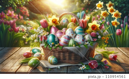A charming Easter basket filled with decorated eggs and a mix of spring flowers like tulips and daffodils, set on a rustic wooden table in a garden. 110954561