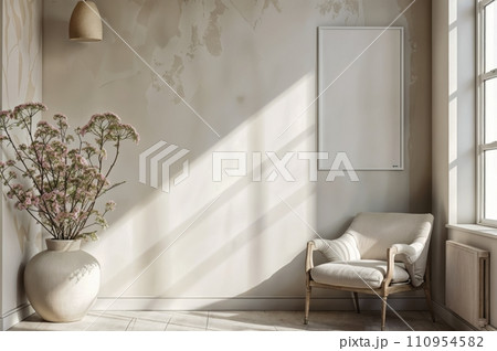 A simple yet stylish wall mockup, set in a contemporary room with natural light streaming in, providing an ideal space for showcasing designs or art, neutral tones and uncluttered 110954582