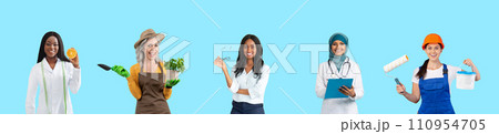 Female Jobs. Various women in their work uniforms posing on blue background, Female Jobs. Various women in their work uniforms posing on blue background, 110954705