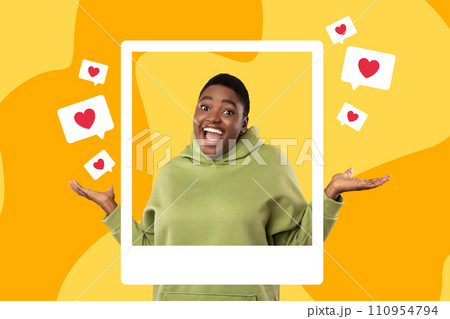 black lady framed within photo frame with like notifications, collage 110954794
