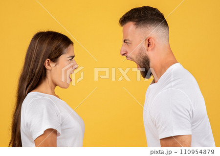 Sad angry millennial european couple in white t-shirt scream, quarrel with open mouth Sad angry millennial european couple in white t-shirt scream, quarrel with open mouth 110954879