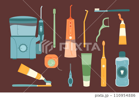 Teeth health care set. Collection of oral hygiene cleaning tools toothpaste, toothbrush and dental floss. Flat vector isolated illustration 110954886