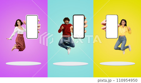 Glad millennial diverse people show phone with blank screen, jump at platform, have fun, enjoy win Glad millennial diverse people show phone with blank screen, jump at platform, have fun, enjoy win 110954950