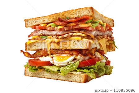 Exceptionally tall Club sandwich, featuring a ingredients layered between slices of white bread. This includes bacon, lettuce, tomato, cheese, and egg. Isolated on transparent background. Exceptionally tall Club sandwich, featuring a ingredients layered between slices of white bread. This includes bacon, lettuce, tomato, cheese, and egg. Isolated on transparent background. 110955096
