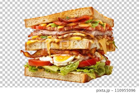 Exceptionally tall Club sandwich, featuring a ingredients layered between slices of white bread. This includes bacon, lettuce, tomato, cheese, and egg. Isolated on transparent background. Exceptionally tall Club sandwich, featuring a ingredients layered between slices of white bread. This includes bacon, lettuce, tomato, cheese, and egg. Isolated on transparent background. 110955096